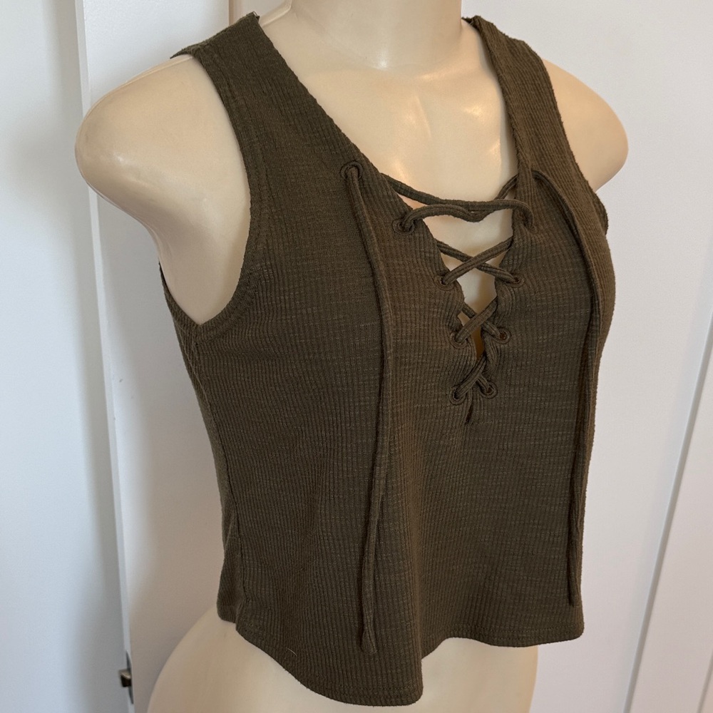 Guess S Olive Lace-Up Ribbed Tank Top